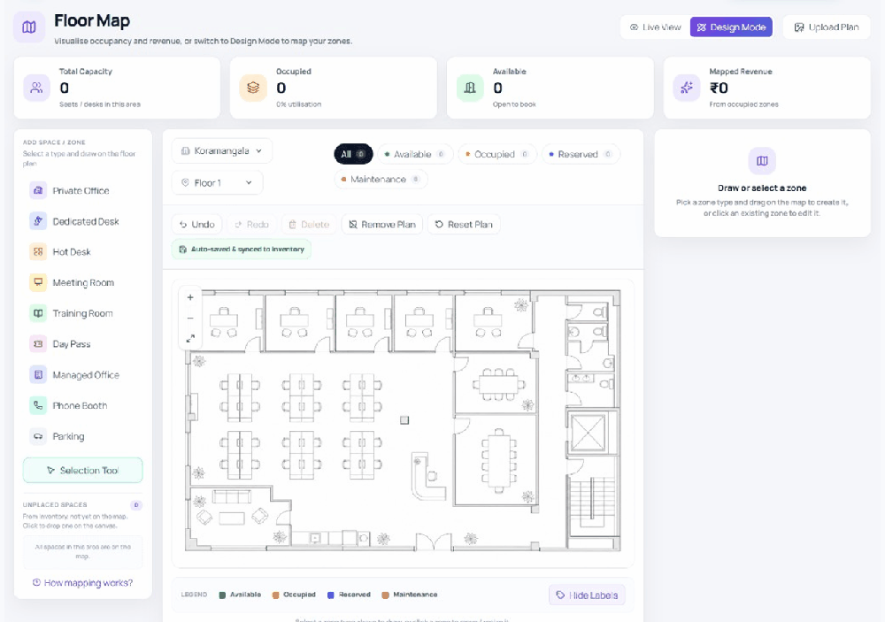 Floor Map design interface with workspace zone types and a floor-plan canvas for mapping desks, offices, rooms, parking, and other spaces.