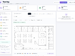 Floor Map design interface with workspace zone types and a floor-plan canvas for mapping desks, offices, rooms, parking, and other spaces.