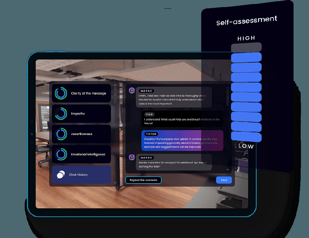 Dark training application interface with conversation feedback cards, skill scores for clarity, empathy, assertiveness, and emotional intelligence, and a self-assessment scale.