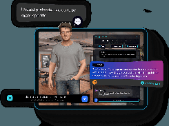 Training application screen showing a rendered male character in an office, chat-based tutor feedback, and a voice-response control.