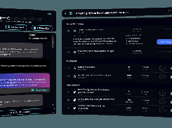 Composite showing a dark training application interface with chat messages, a task list, coaching panel, and a rendered male tutor figure.