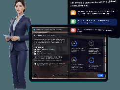 Composite showing a rendered businesswoman beside a dark training screen about feedback, with feedback example cards and circular percentage metrics.