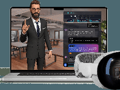 Laptop and VR headset mockup displaying the training application, including a rendered tutor in an office and a dark chat interface.