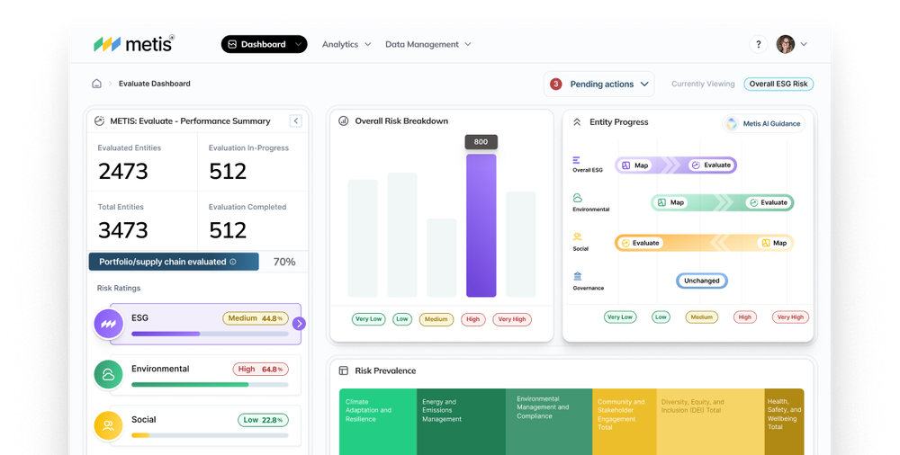 Metis Evaluate Dashboard showing entity counts, overall risk breakdown, entity-progress workflow, and risk-prevalence tiles.