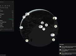 Dark-themed live globe view with a world map, illustrated visitor markers, top-country counts, site counts, and a live-events panel.