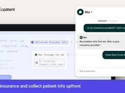 In web chat, a Hello Patient AI agent answers a patient's question about which plans the practice accepts and collects their details before the visit.
