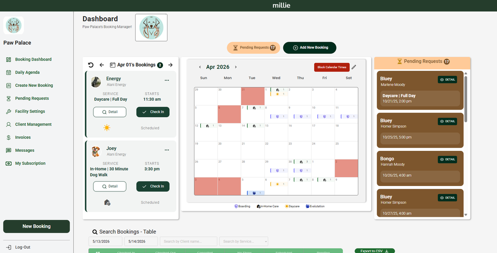 A simple booking dashboard to help pet care businesses manage reservations, clients, pets, and daily schedules with less stress.