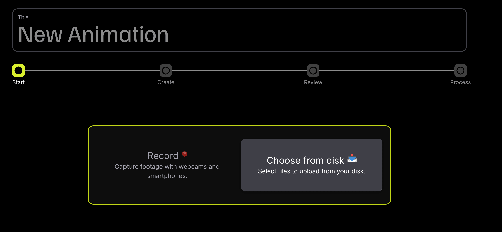 Dark mimem workflow screen titled “New Animation,” with Start, Create, Review, and Process steps and options to record footage or choose files from disk.