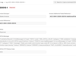 Mindcat Accounts ZATCA Integration Log record for a credit note: status Rejected, HTTP 400, and ZATCA’s message that debit and credit notes must contain the reason for issuing them.