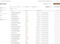 Mindcat Accounts sales invoice list mixing Saudi customers in SAR, such as Dammam Steel Works Co. and Olaya Fit-Out Co., with UAE customers in AED, such as Al Quoz Interiors LLC and Deira Hardware Trading LLC, each Paid, Unpaid, Overdue or Return.