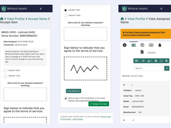 Three phone screens of Mindcat Assets: the handover note for laptop MSG-1009 with accept and decline options, a finger signature in the signing box with an Accept this item button, and the employee’s list of assigned items with a reminder that two items need acceptance.