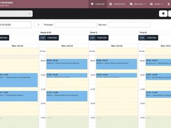 Clinic booking system day view in Mindcat Bookings: columns for Faisal A., Hessa Al M., Omar K. and Priya N. with sample visits such as a dental check-up, a physiotherapy session and a dermatology consultation, and the 13:00 break.