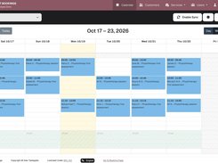 Mindcat Bookings week calendar for the physiotherapist Reem S.: sample physiotherapy assessments and sessions from Saturday to Thursday, the 13:00 break shaded.