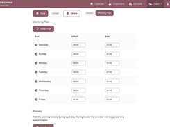Mindcat Bookings working plan for a sample physiotherapist: Saturday to Thursday 09:00 to 21:00 and Friday 14:30 to 21:00, with a breaks table below.