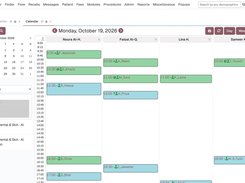 Mindcat Clinic management software day calendar for a sample clinic, Wadi Dental & Skin: one column each for Noura Al-H., Faisal Al-Q., Lina H. and Sameer K. with appointments from 9:30 to 17:00, colour-coded, and both branches, Al Olaya and Al Rawdah, in the side panel.