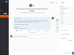 A Mindcat Desk ticket: “No cooling on floors 12 to 15, Tower B: chiller 2 tripped”, created 44 minutes ago with the escalation highlighted as 14 minutes ago, the facility manager’s email, and the ticket panel with group Facilities Dubai, owner Rashid A., state open and priority 3 high.