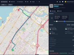 Order detail with a QR code and tracking number, status Started, the route drawn from Al Quoz to Al Safa on the map, driver Suresh Nair, a 2023 Toyota Hiace with plate Dubai L 46022, and the customer.