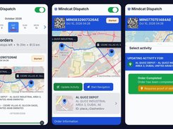 Three phone screens of the Mindcat Dispatch driver app: Saturday orders with 8 orders and 12 stops left, an order from Al Quoz depot to Silicon Oasis with Start Navigation, and an Order Completed step that requires proof of delivery.