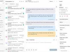 Mindcat Inbox WhatsApp CRM: the shared conversation list, a WhatsApp conversation with Ahmed R. about a 2-bed on Bayut, a private note that the permit and Madmoun QR were checked, and the lead panel with lead source Bayut, area Dubai Marina, budget and Trakheesi permit number.
