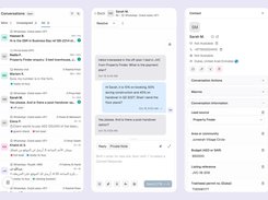 Three phone screens of Mindcat Inbox: the conversation list with WhatsApp leads, a conversation with Sarah M. about an off-plan 1-bed in JVC with the payment plan, and her lead panel with Property Finder, Jumeirah Village Circle, budget and Trakheesi permit.