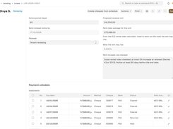 A Mindcat Lease lease for Divya S., status Renewing: notice period 90 days, send renewal notice by date, proposed renewal rent AED 241,500, the Dubai rental index average for the unit, the most the rent may rise and the rule checked, and a payment schedule of four cheques with cleared, returned and held statuses and a replacement cheque.