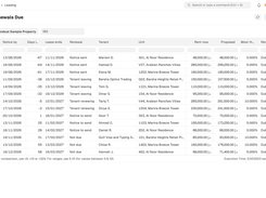 Mindcat Lease Renewals Due report: notice-by date, days left, lease end, renewal status such as notice sent, tenant leaving, tenant renewing and notice to send, tenant, unit, current rent and proposed rent in AED, and the most the rent may rise.