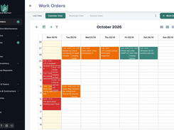 Mindcat Maintain work-order calendar for the week of 19 October 2026, with jobs such as Chiller CH-02 tripping on high, Lift L2 stopped between floors and Villa 14 split AC not cooling, coloured by priority.