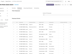 Mindcat People HR and payroll software: a submitted payroll run for Mindcat Sample Contracting LLC, with 18 employees listed by department and designation and a Make Bank Entry button.