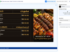 Mindcat Screens layout designer: a 1920x1080 menu board titled Grills and مشويات with Mixed Grill, Shish Taouk, Lamb Kofta, Chicken Mandi and Lamb Kabsa in English and Arabic, AED prices, and a Mixed Grill for two offer at AED 99.
