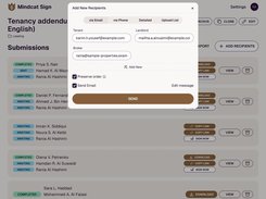 The send screen with three recipients, Tenant, Landlord and Broker, each with an email address, the preserve order option and the send email option.