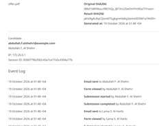 Audit log of a signed e-signature document showing the SHA-256 fingerprint, the signers with email and IP address, and a list of events with times.