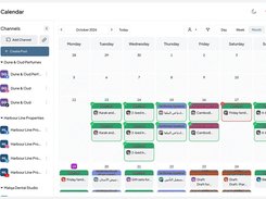 Mindcat Social social media calendar, month view for October: posts for four sample clients grouped in the channel list, Dune and Oud Perfumes, Harbour Line Properties, Malqa Dental Studio and Saffron Lane Kitchen, with tags such as Approved, Needs client approval and Arabic first, and one failed post outlined in red.