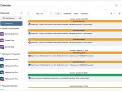 Mindcat Social list view filtered to the sample client Harbour Line Properties: video tours of a 2-bed in Dubai Marina with a Trakheesi permit line, tagged Needs client approval, an open house in Arabian Ranches and a hiring post, with dates and times.