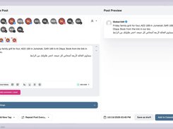 Mindcat Social Create Post window: three Saffron Lane Kitchen channels selected among fifteen client channels, an English and Arabic caption about a Friday family grill in Jumeirah and Al Olaya, the live preview, tag and repeat options and the Add to Calendar button.