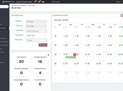 Mindcat Stays hotel booking system: the Book Now screen for Sample Creek Suites with the October 2026 calendar, 16 rooms available on the 19th, and totals of 20 rooms, 16 available and 4 booked.