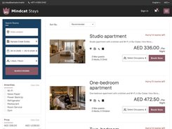 Mindcat Stays search results for Sample Creek Suites from 26 to 29 October 2026: studio apartment at AED 336.00 per night with VAT and 4 rooms left and one-bedroom apartment at AED 472.50 per night with 5 rooms left, each with a Book Now button.