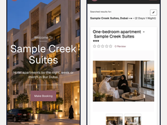 Two phone screens of the Mindcat Stays booking site: the Sample Creek Suites home page with a Make Booking button, and the one-bedroom apartment page with photos for a two-day, one-night search.