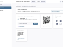 Mindcat Surveys share screen for a sample cafÃ© survey: the survey link with a copy button, a QR code with a download button, the language version picker and social sharing.