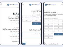 Three phone screens of Mindcat Surveys: a service-centre visitor survey in Arabic asking which centre you visited, a cafÃ© survey in Arabic with very satisfied selected and a comment typed, and a clinic survey in English asking how likely you are to recommend the clinic from 0 to 10.