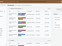 Mindcat Vault dashboard with the saved view Expiring in the next 90 days: Developer NOC for sale Villa 22, trade licence Sahel Coffee Trading, tenancy contract Villa 14 JVC, commercial registration Najd Fit-out, residence visa record A. Mehta and tenancy renewal Marina Pearl 1204, each with its expiry date.
