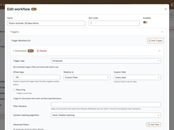 Mindcat Vault workflow editor: the rule Expiry reminder, 30 days before, with a scheduled trigger, offset −30 days, relative to the custom field Expiry date.