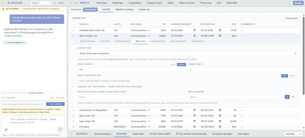 AI Advisor lease-management screen with a tenant lease table, recovery settings form, and AI change panel.