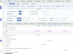 AI Advisor screen showing leasing-cost settings above a tenant cash-flow-by-tenant output table.