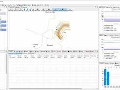 MineTwin’s 2D open-pit simulation view maps the mine, roads, crusher, stockpile and waste storage while displaying plan fulfilment, equipment availability, production and development results, haulage-distance distributions, and daily operating statistics.