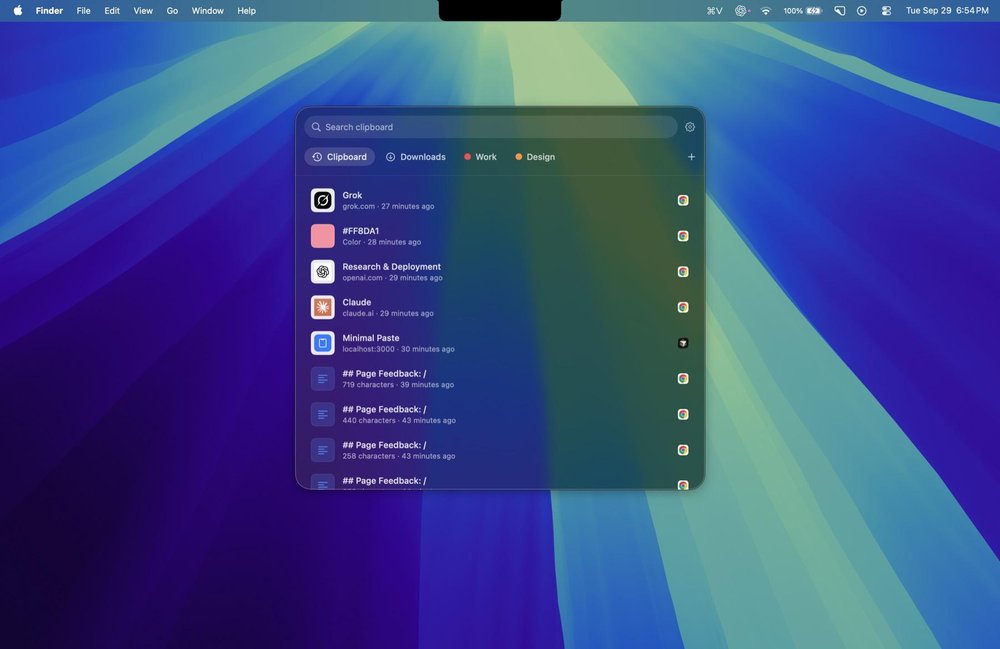 Minimal Paste search window on a macOS desktop, listing clipboard entries including links, a color value, Minimal Paste, and page-feedback text items.