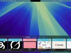 Minimal Paste clipboard manager displayed as a wide panel on a macOS desktop, showing visual cards for copied links and a color value, with Clipboard, Downloads, Work, and Design categories.