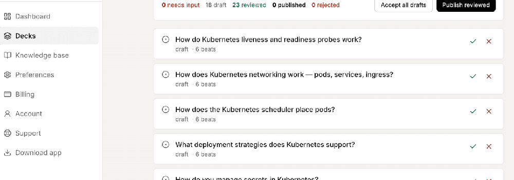 MiPrep Decks dashboard listing draft Kubernetes interview decks, review counts, accept and reject icons, and buttons to accept drafts or publish reviewed items.