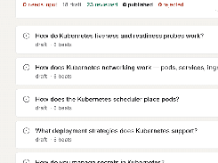 MiPrep Decks dashboard listing draft Kubernetes interview decks, review counts, accept and reject icons, and buttons to accept drafts or publish reviewed items.