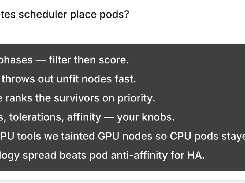 Deck editor for “How does the Kubernetes scheduler place pods?” showing six timed content beats and approve and reject icons.