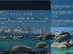 MiPrep session overlay showing suggested interview answers, a transcript panel with re-answer buttons, playback controls, and a mountain-lake background.